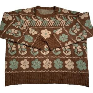Cider Women's Flowers' World Stripe Brown Sweater Size Large Cute Cozy Whimsy